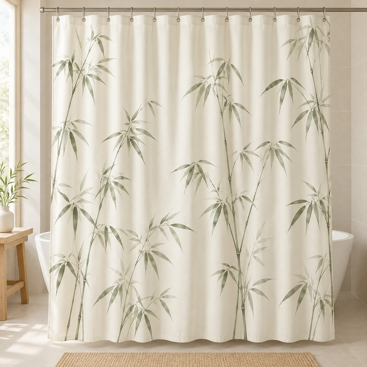 Bamboo Whisper, Ivory / sage, complete shower curtain
