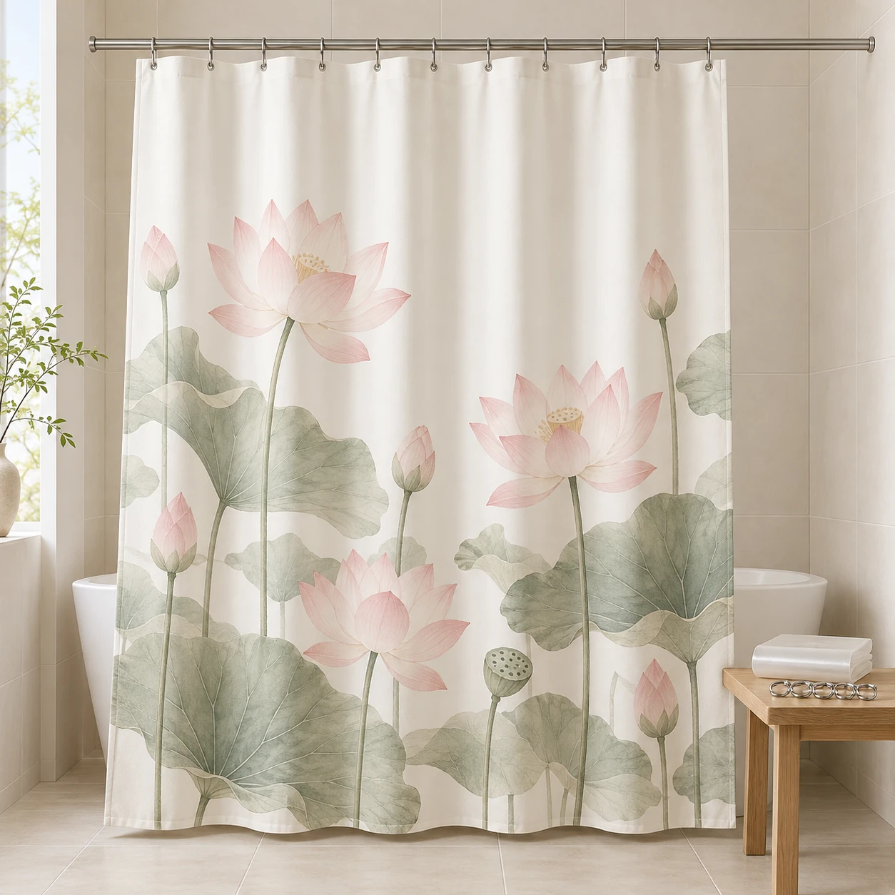 Blush Lotus Set, Ivory / blush, complete shower curtain with included liner and rings