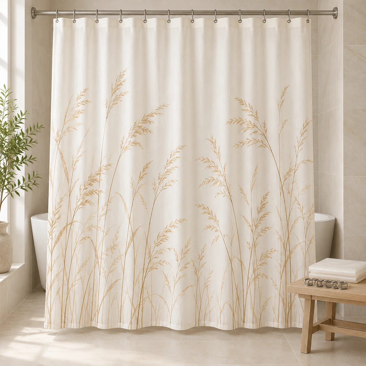 Golden Reed Set, Ivory / gold, complete shower curtain with included liner and rings