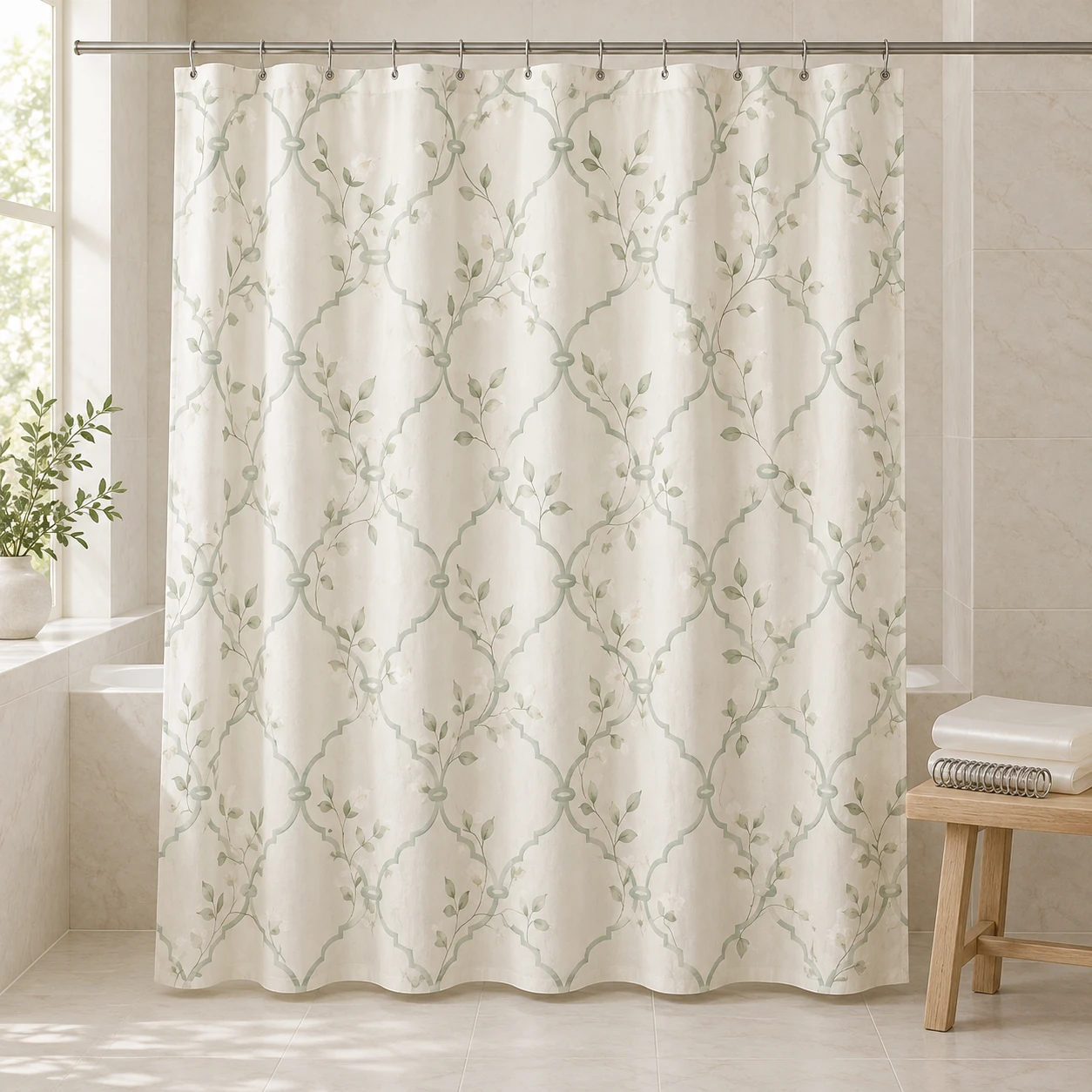 Jade Courtyard Set, Ivory / jade, complete shower curtain with included liner and rings