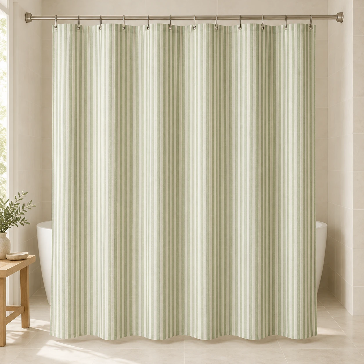 Tea Garden, Tea green / ivory, complete shower curtain